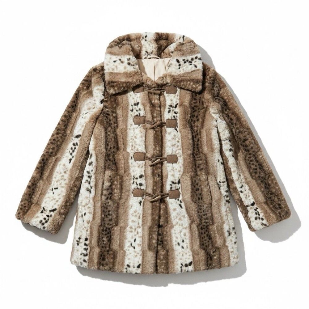 Dennis Basso Snow Leopard Faux Fur Overcoat Women Mid-Length Button Collared M